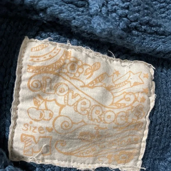 Love Rocks Midnight Blue Hooded Button Down Cableknit Cropped Sweater - M - Picture 5 of 12